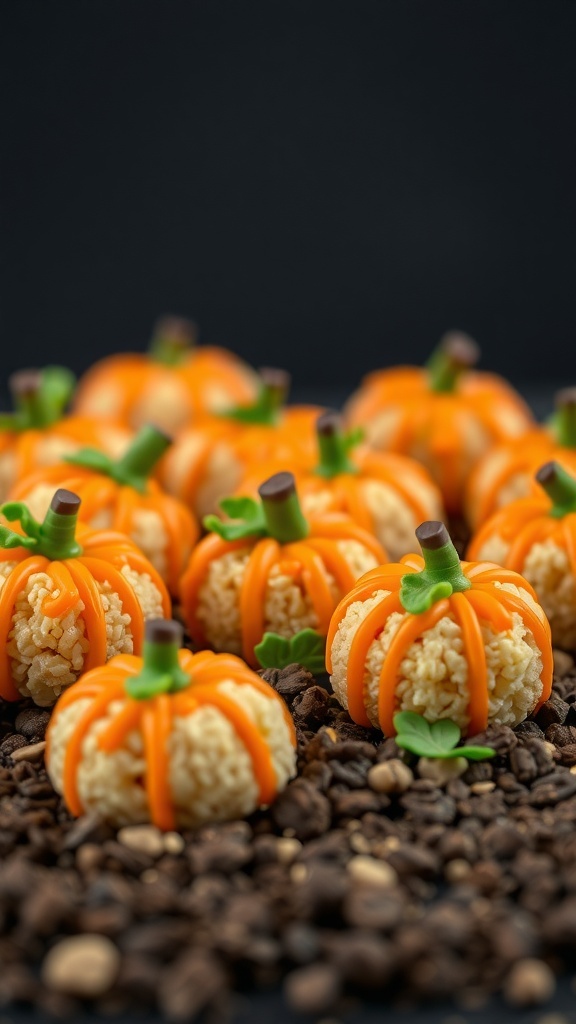 Pumpkin-shaped Rice Krispie treats decorated with orange icing and green leaves