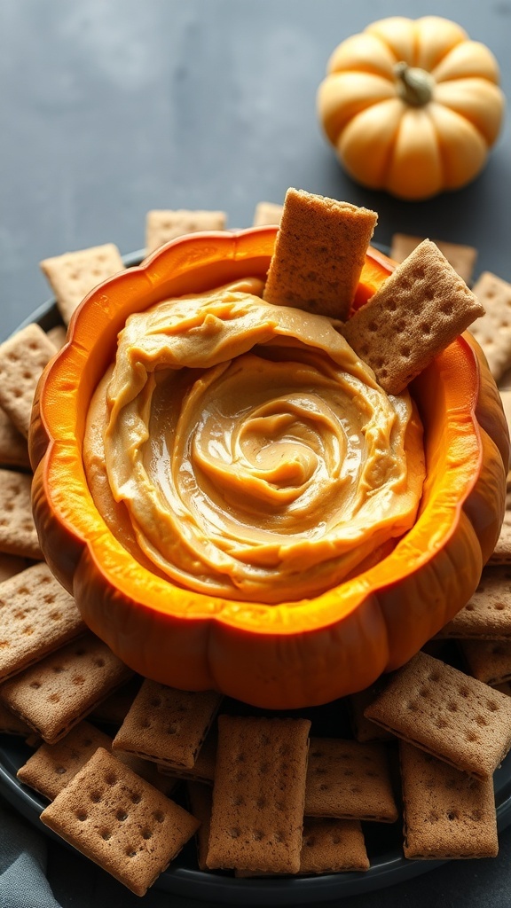 A creamy pumpkin pie dip served in a hollowed-out pumpkin, surrounded by graham crackers.