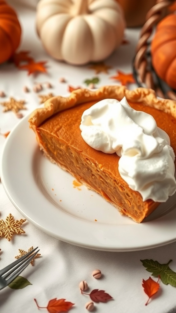 A slice of pumpkin pie topped with whipped cream on a white plate, surrounded by decorative pumpkins and autumn leaves.