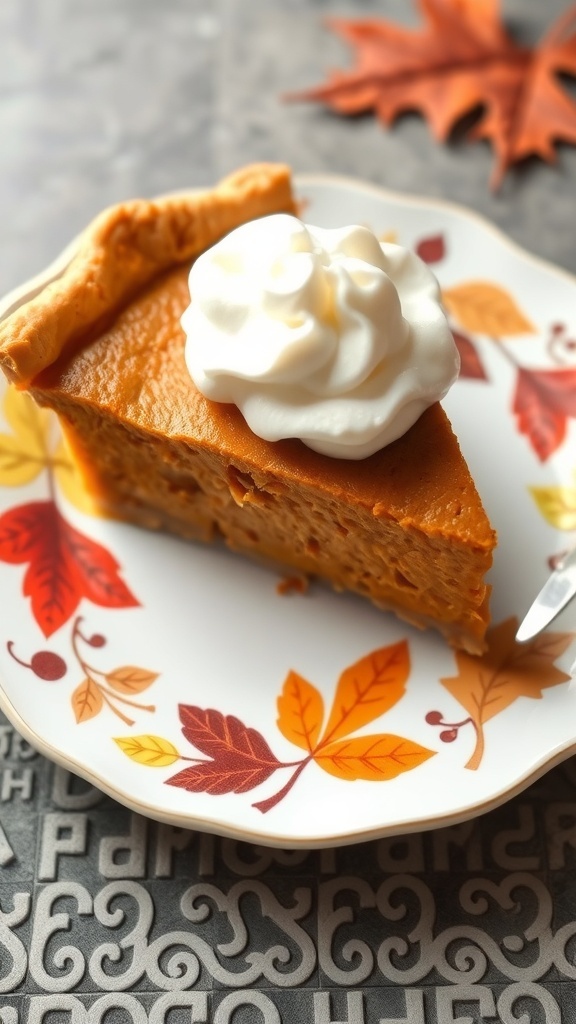 A slice of pumpkin pie topped with whipped cream on a decorative autumn-themed plate.