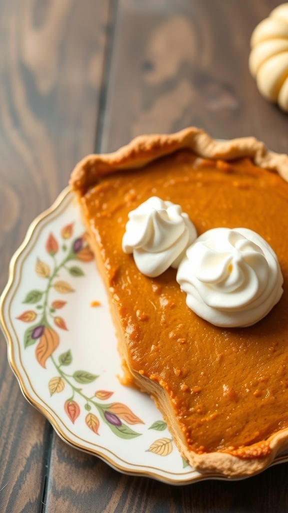 A slice of pumpkin pie topped with whipped cream on a decorative plate.