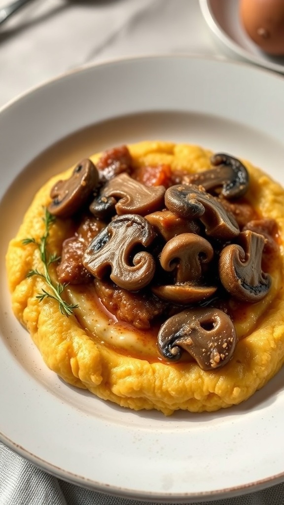 A plate of pumpkin polenta topped with mushroom ragout, garnished with thyme.