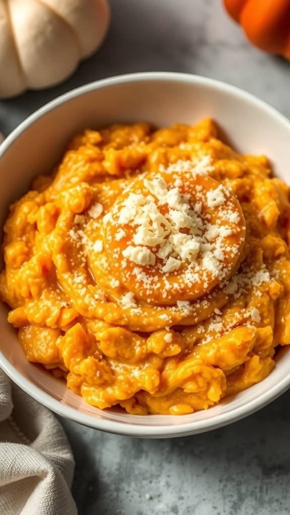 A bowl of creamy pumpkin risotto topped with Parmesan cheese, with a small pumpkin beside it.