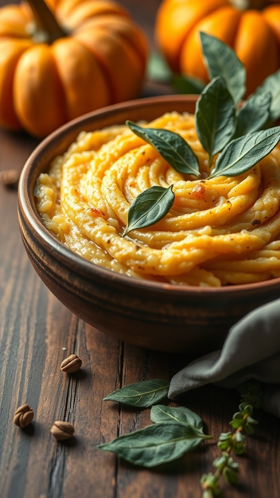 A bowl of creamy pumpkin risotto garnished with sage leaves, with pumpkins in the background.