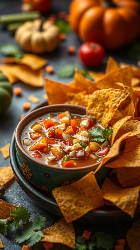 A bowl of pumpkin salsa surrounded by tortilla chips and decorative pumpkins.