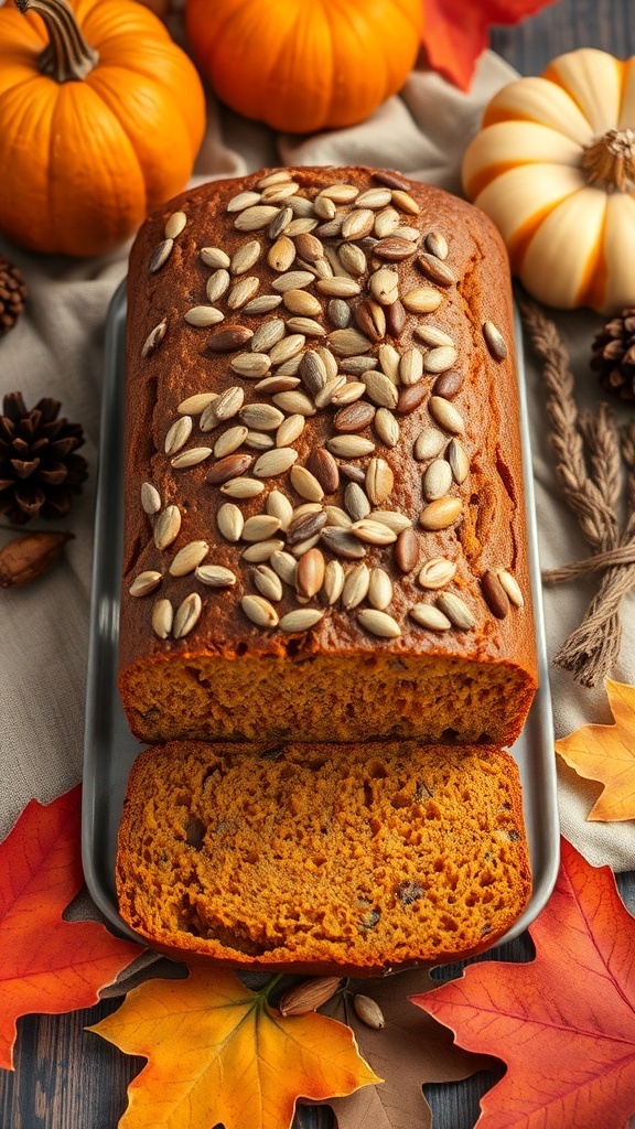 A loaf of pumpkin seed bread topped with pumpkin seeds, surrounded by autumn decorations like pumpkins and colorful leaves.
