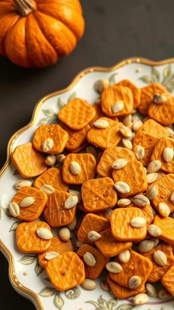 A plate of pumpkin seed brittle candies with scattered pumpkin seeds and a small pumpkin in the background.
