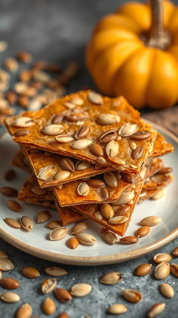 A plate of pumpkin seed brittle stacked with scattered pumpkin seeds and a pumpkin in the background.