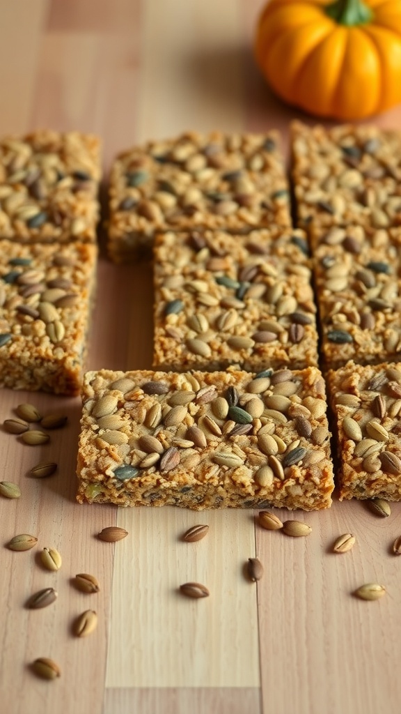 Pumpkin seed granola bars with a small pumpkin in the background