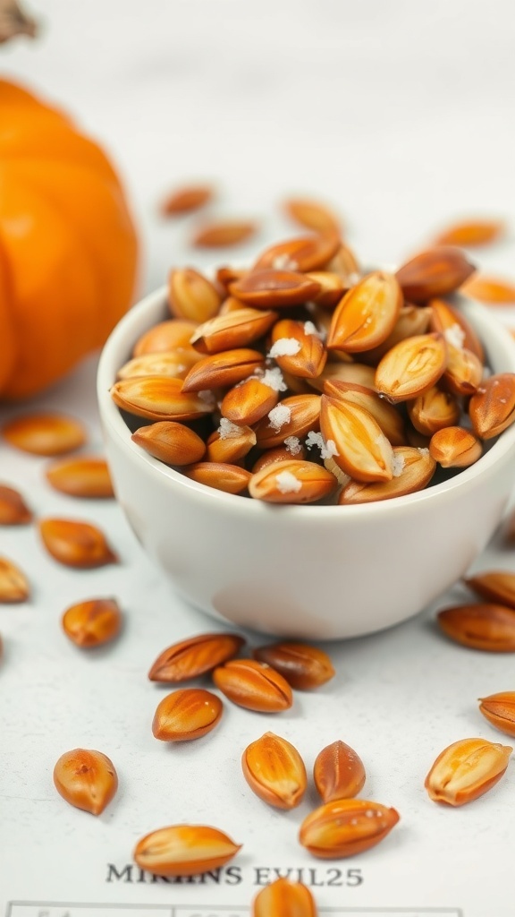 A bowl of roasted pumpkin seeds with sea salt, surrounded by scattered seeds and a pumpkin.