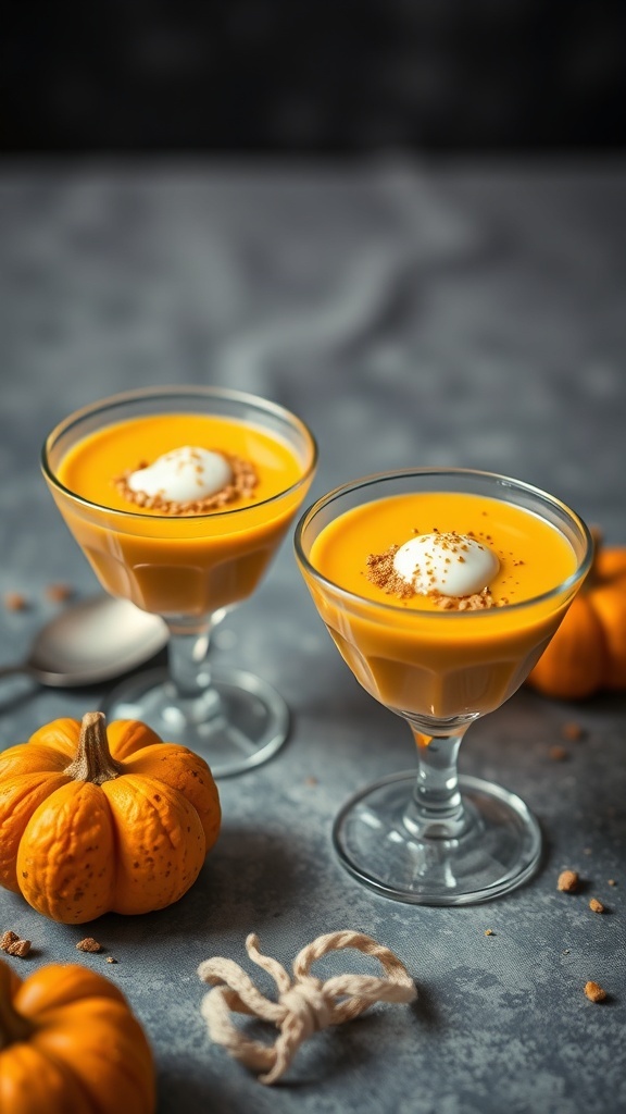 Pumpkin soup shots served in glasses with whipped cream and pumpkin spice garnish.