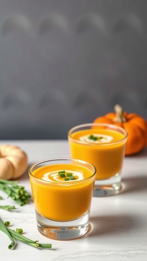 Pumpkin soup shots served in clear glasses with chives on top, surrounded by fresh ingredients.
