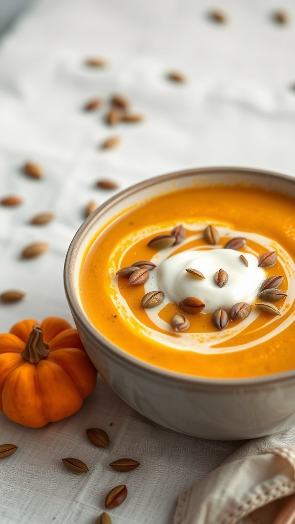 A bowl of creamy pumpkin soup topped with crème fraîche and pumpkin seeds, with a small pumpkin beside it.