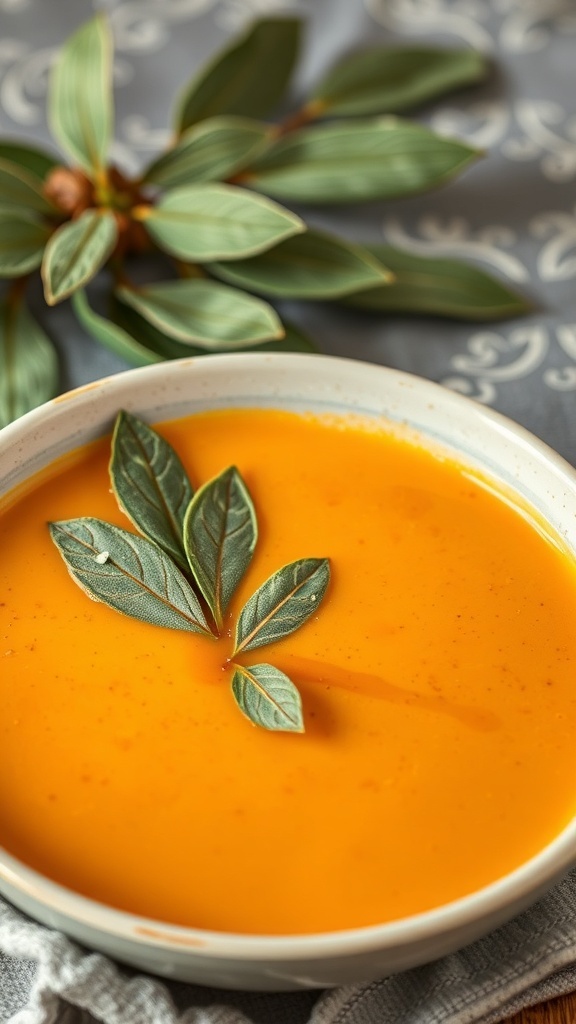 A bowl of pumpkin soup garnished with sage leaves, set against a textured background.