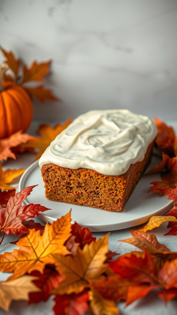 A loaf of pumpkin spice bread topped with cream cheese frosting, surrounded by autumn leaves and a small pumpkin.