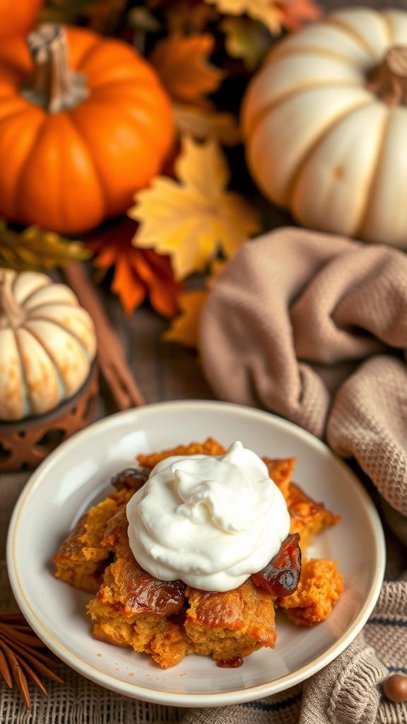 A serving of pumpkin spice bread pudding topped with whipped cream, surrounded by pumpkins and autumn leaves.