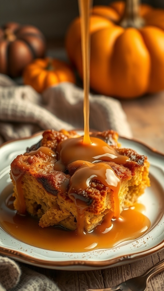 A slice of pumpkin spice bread pudding drizzled with caramel sauce, surrounded by pumpkins and a cozy linen.