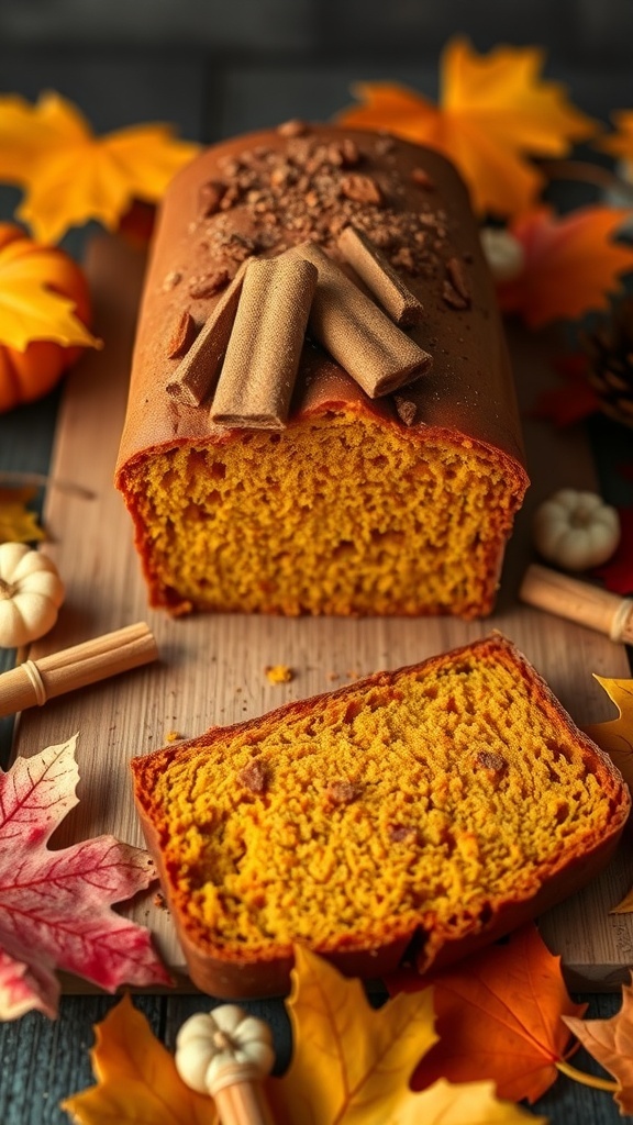 A loaf of pumpkin spice bread with cinnamon sticks on top, surrounded by autumn leaves and small pumpkins.