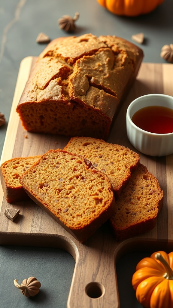 A loaf of pumpkin spice bread with slices cut, served on a wooden board with a small bowl of syrup and decorative pumpkins.