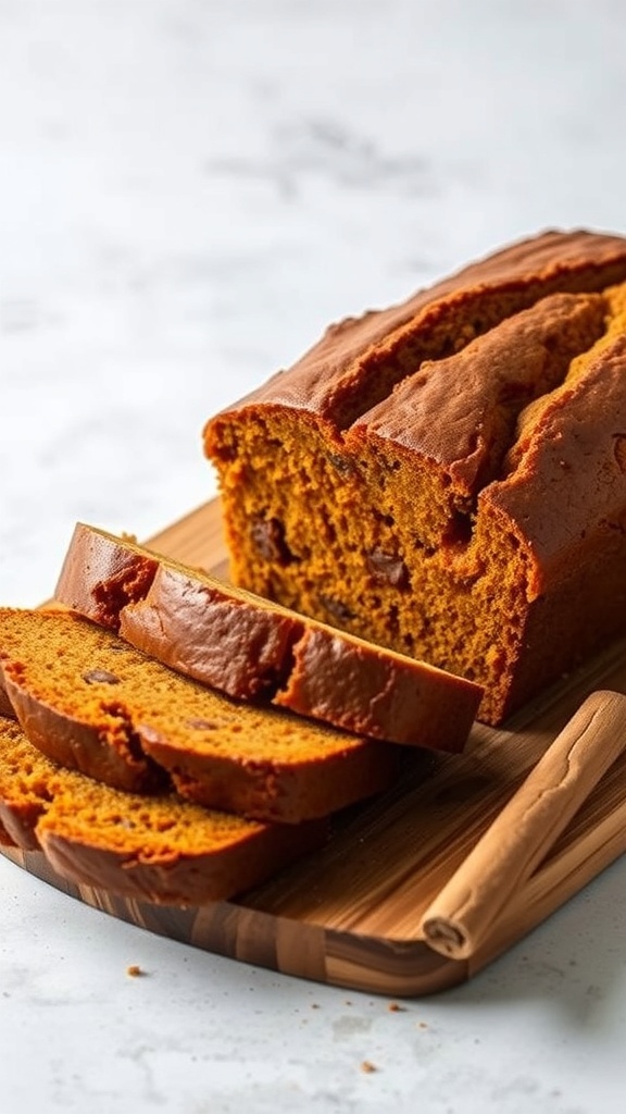 Sliced pumpkin spice bread on a wooden cutting board with a cinnamon stick