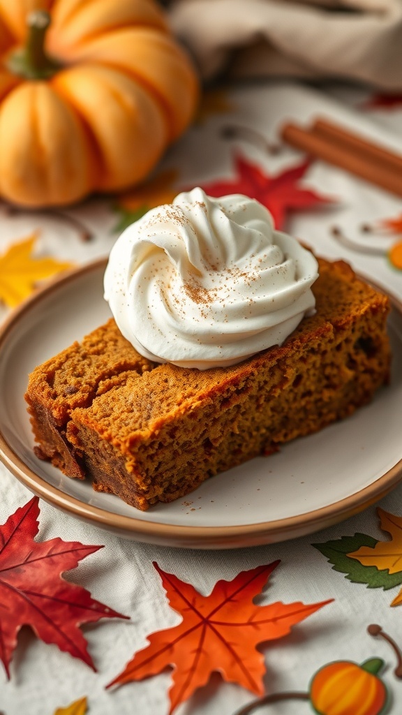 A slice of pumpkin spice bread topped with whipped cream, surrounded by autumn leaves and a pumpkin.