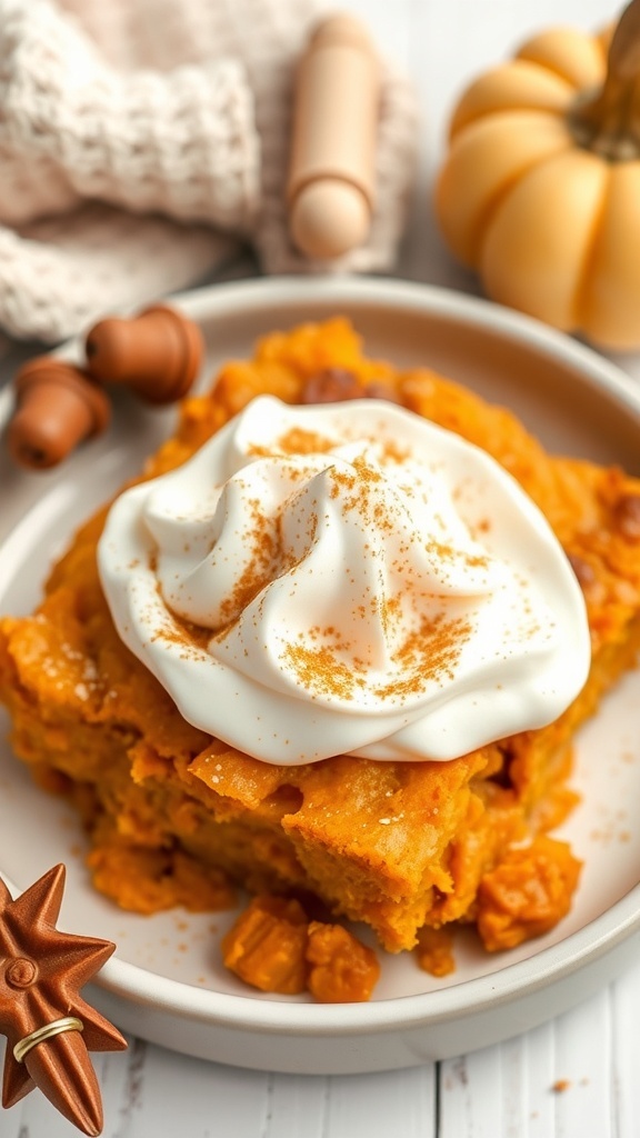 A slice of pumpkin spice breakfast casserole topped with whipped cream and sprinkled with cinnamon, served on a plate with decorative elements.