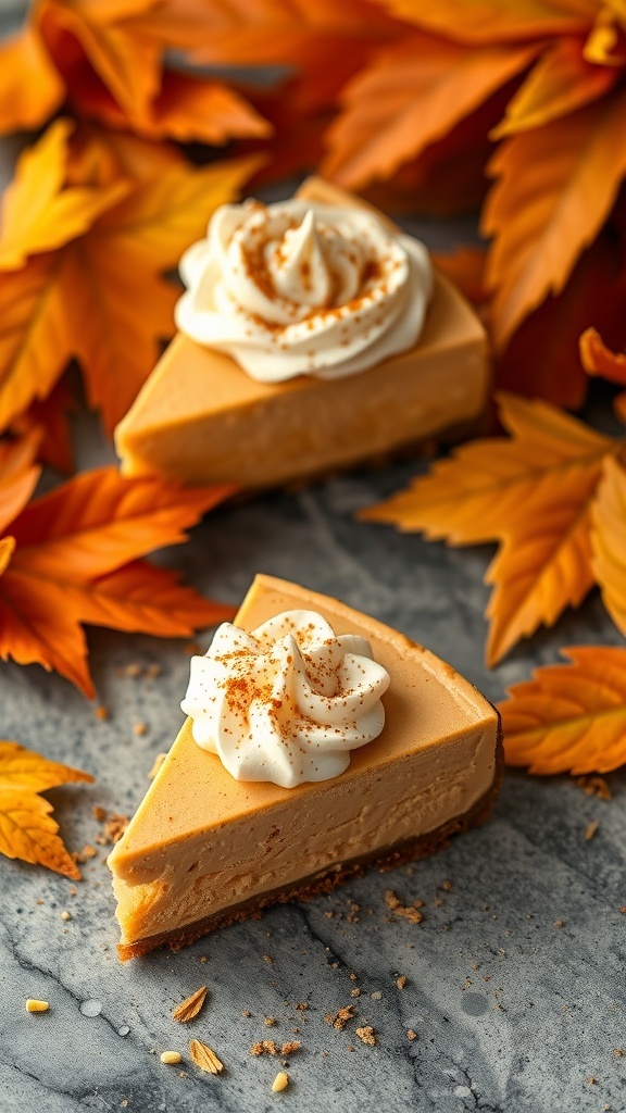A slice of pumpkin spice cheesecake topped with whipped cream, surrounded by autumn leaves.