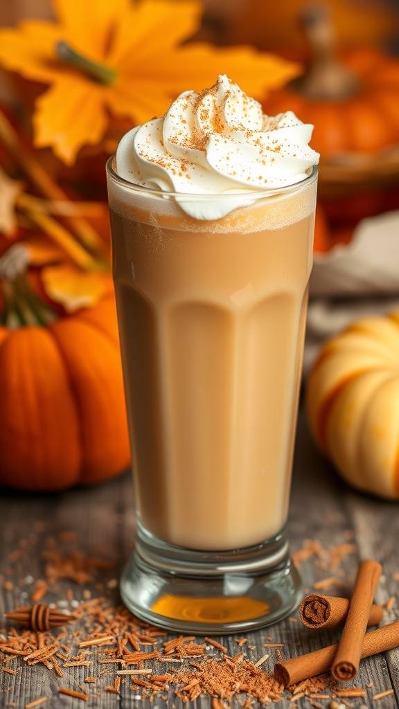 A glass of Pumpkin Spice Cream Soda topped with whipped cream and pumpkin spice, surrounded by pumpkins and cinnamon sticks.