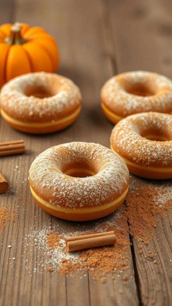A plate of pumpkin spice donuts with powdered sugar, cinnamon sticks, and a small pumpkin on a wooden table.