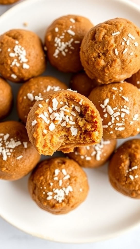 A plate of pumpkin spice energy bites coated with coconut