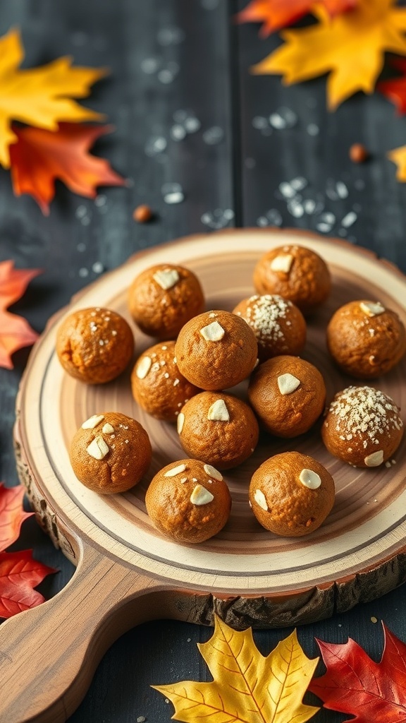 A wooden platter with pumpkin spice energy bites surrounded by autumn leaves.