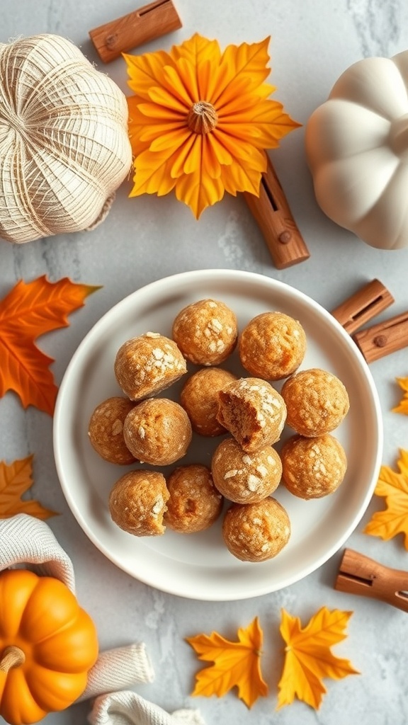 A plate of pumpkin spice energy bites surrounded by autumn decorations like leaves and pumpkins.