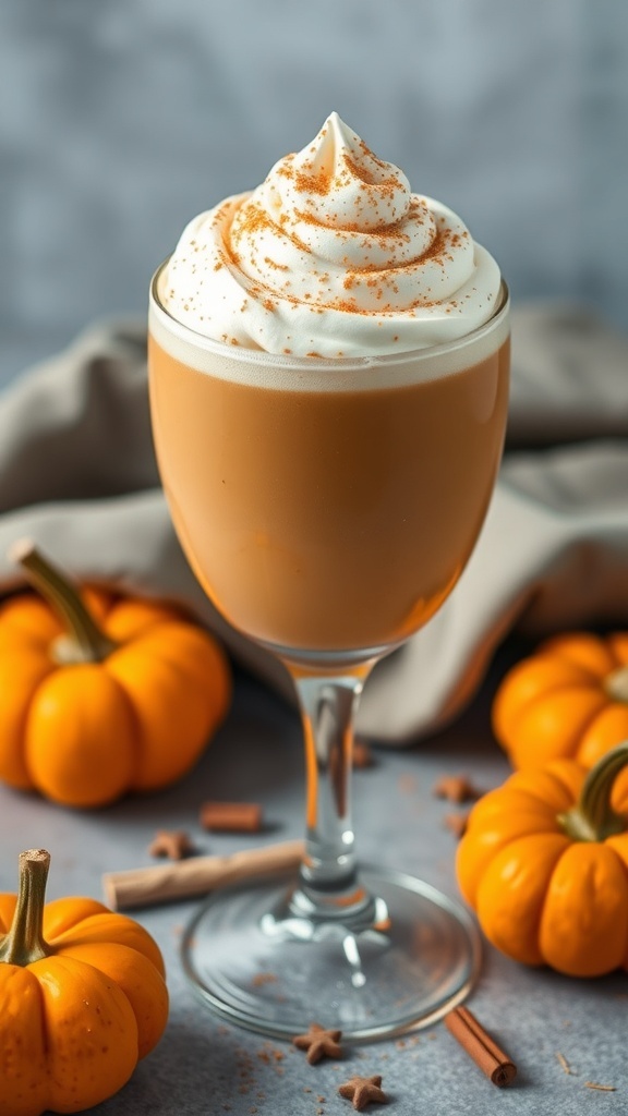 A glass of Pumpkin Spice Fizz topped with whipped cream and cinnamon, surrounded by small pumpkins and cinnamon sticks.