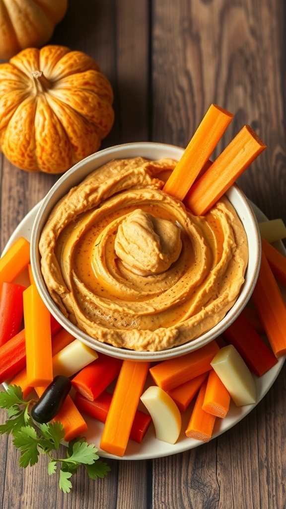 A bowl of pumpkin spice hummus surrounded by colorful vegetable sticks on a wooden table.
