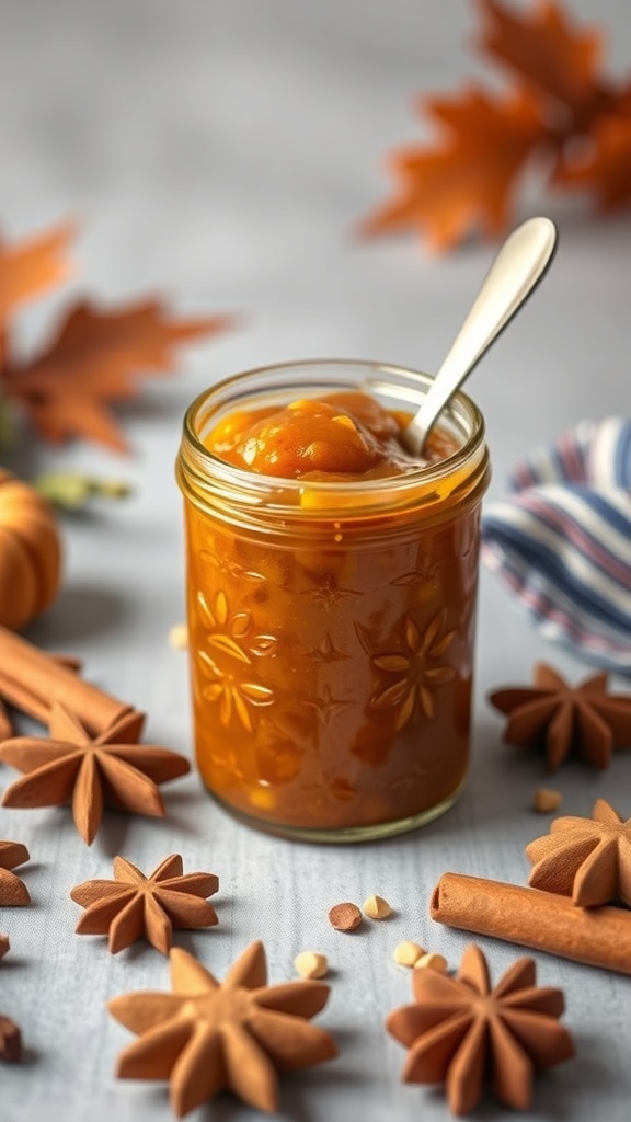 A jar of pumpkin spice jam surrounded by cinnamon sticks and star anise.