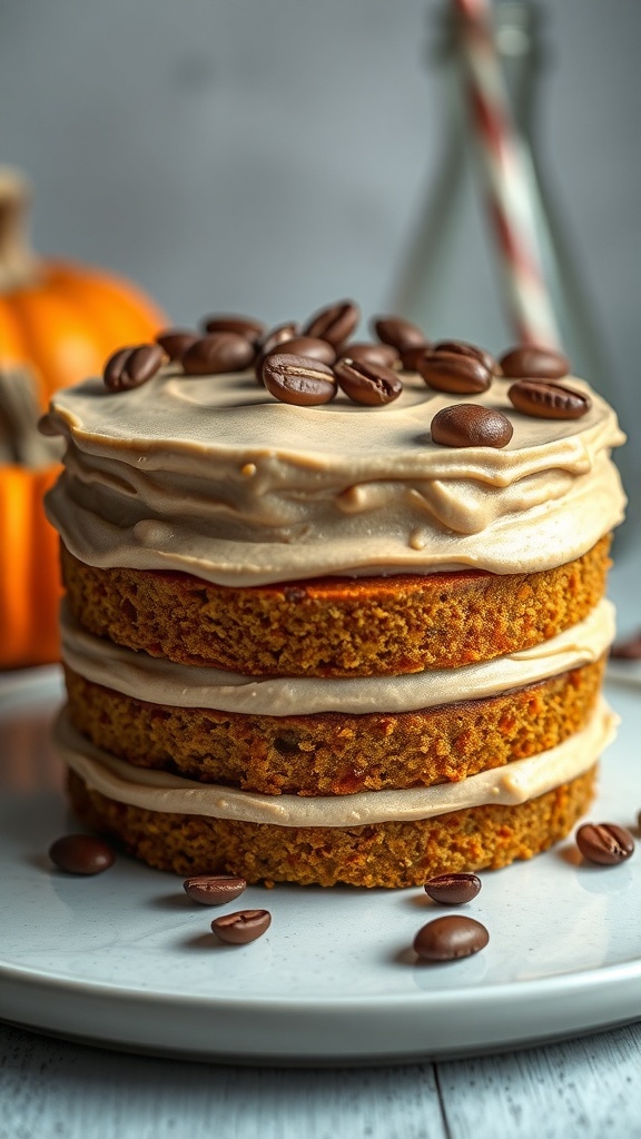 A three-layer pumpkin spice latte cake with creamy frosting and coffee beans on top, set against a backdrop of a pumpkin and a vintage bottle.