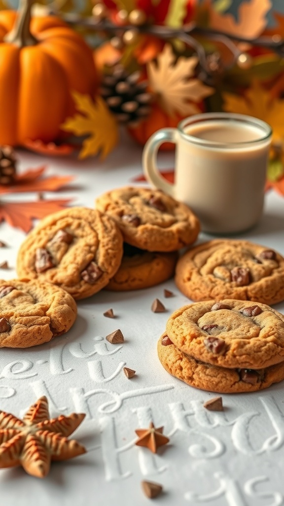 A cozy display of pumpkin spice latte cookies with a cup of latte and autumn decorations.