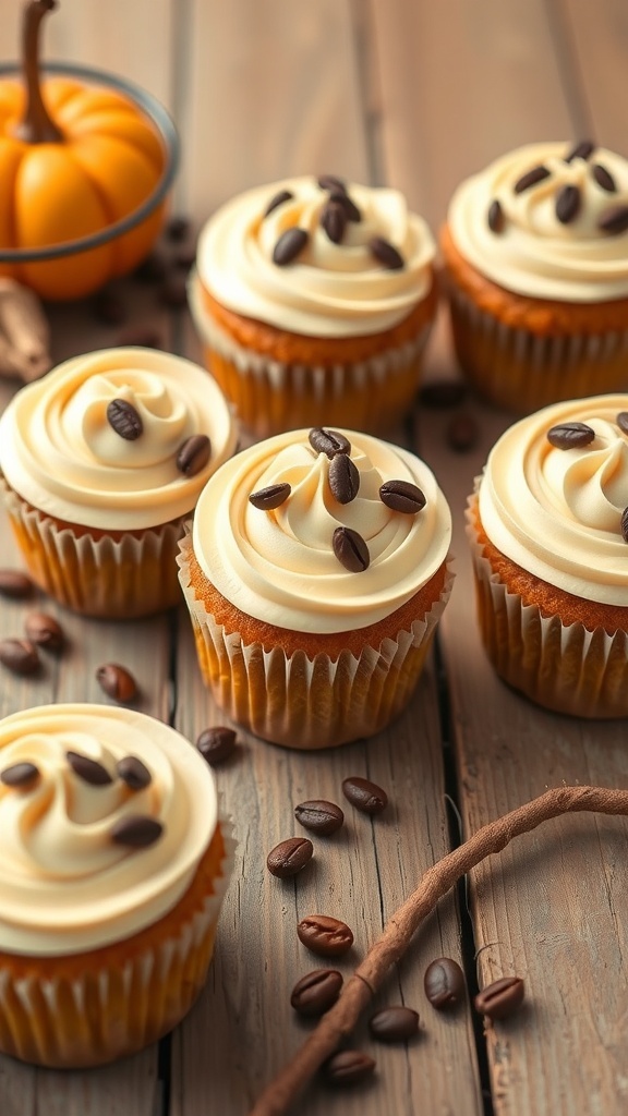 Pumpkin spice latte cupcakes topped with cream frosting and coffee beans