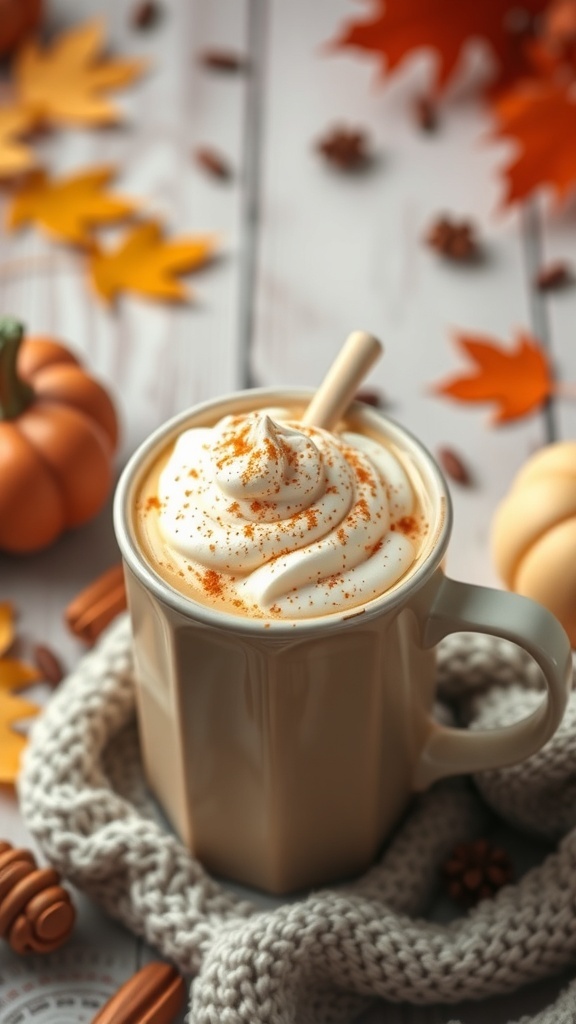 A cozy pumpkin spice latte topped with whipped cream and cinnamon, surrounded by autumn leaves and small pumpkins.