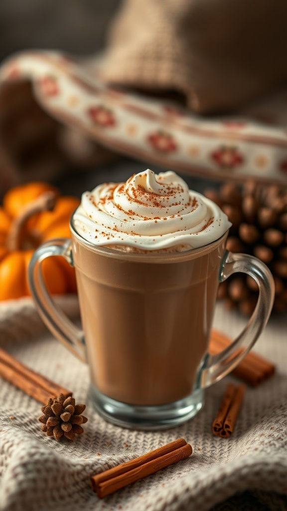A cozy Pumpkin Spice Latte topped with whipped cream and cinnamon, surrounded by pumpkins and cinnamon sticks.
