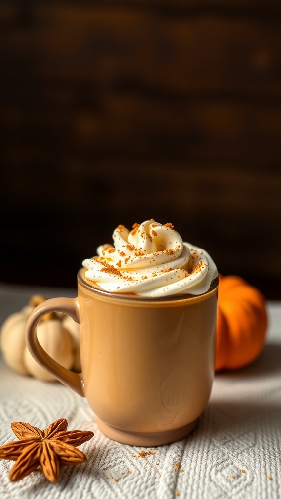 A warm Pumpkin Spice Latte topped with whipped cream and cinnamon, with pumpkins in the background.