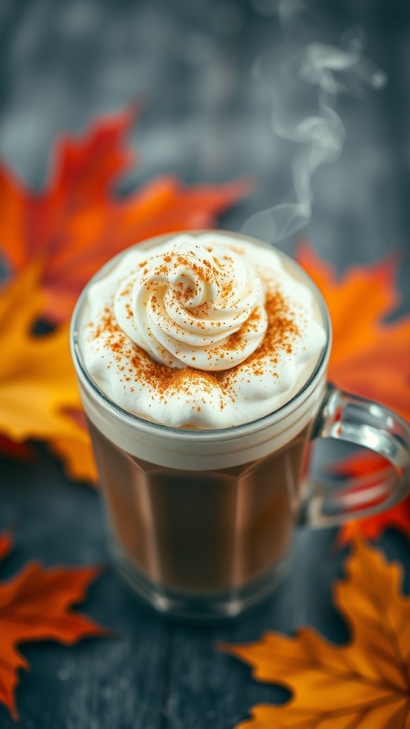 A Pumpkin Spice Latte topped with whipped cream and cinnamon, surrounded by colorful autumn leaves.