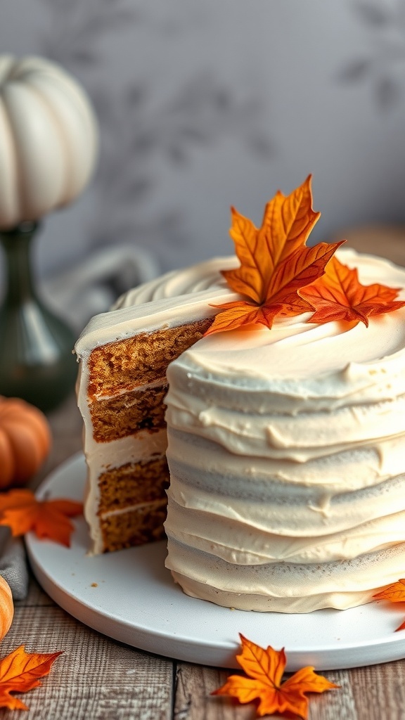 A beautifully decorated pumpkin spice layer cake with autumn leaves on top
