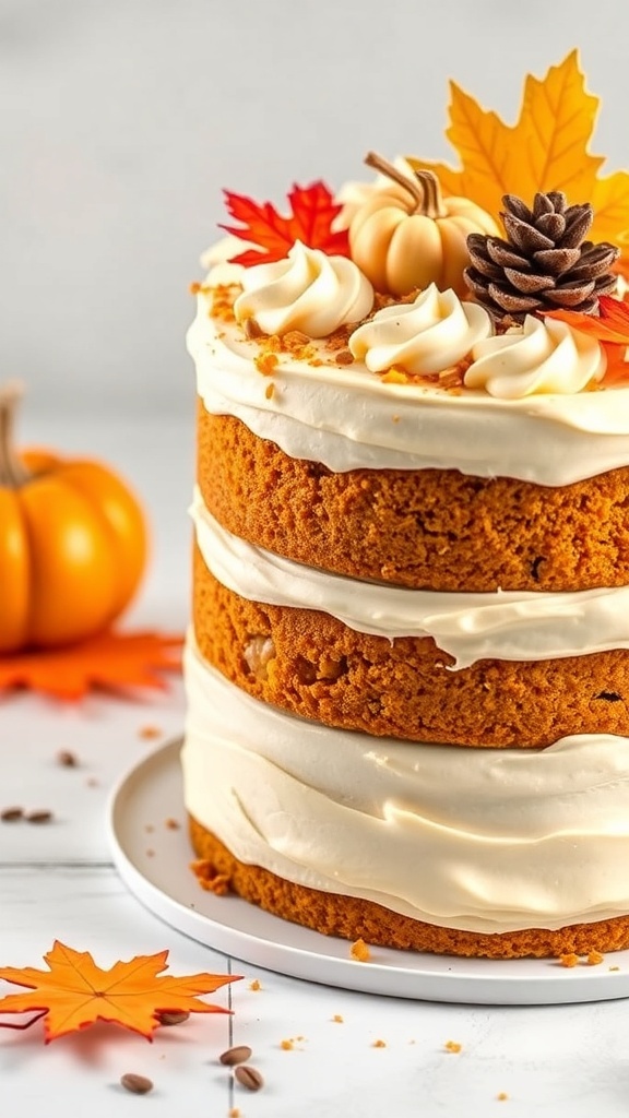 A beautifully decorated pumpkin spice layer cake with autumn leaves and mini pumpkins.