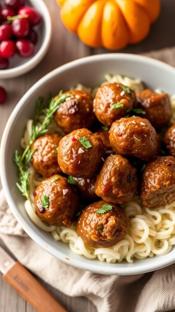 A bowl of pumpkin spice meatballs topped with ketchup, surrounded by cranberries and a decorative pumpkin.