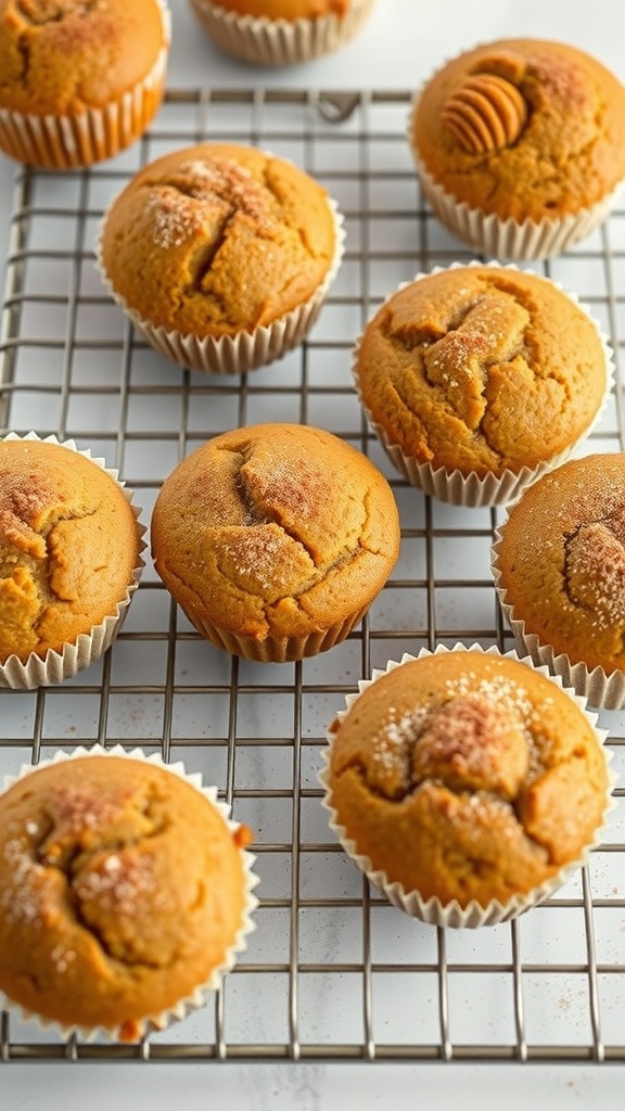 Freshly baked pumpkin spice muffins cooling on a wire rack.