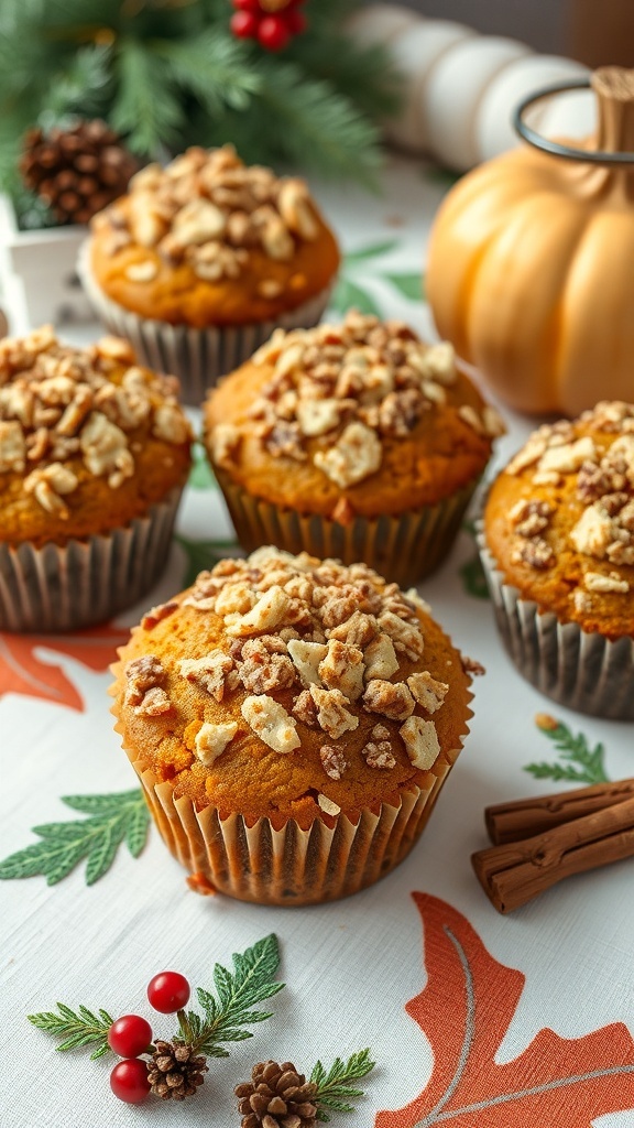 Delicious pumpkin spice muffins topped with nuts and streusel, perfect for a Christmas brunch.