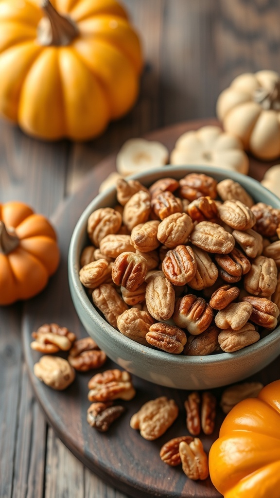 A bowl of pumpkin spice nuts with a small pumpkin in the background