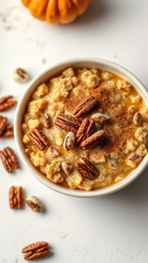 A cozy pumpkin spice oatmeal bowl topped with pecans and cinnamon.