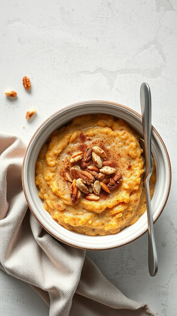 A bowl of pumpkin spice oatmeal topped with nuts and cinnamon.